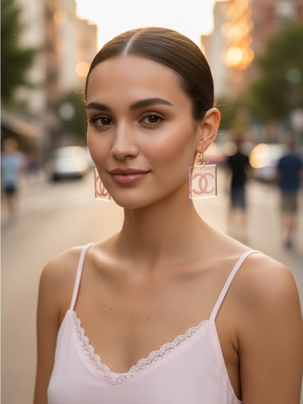 Chanel logo Pink Acrylic CC Drop Earrings